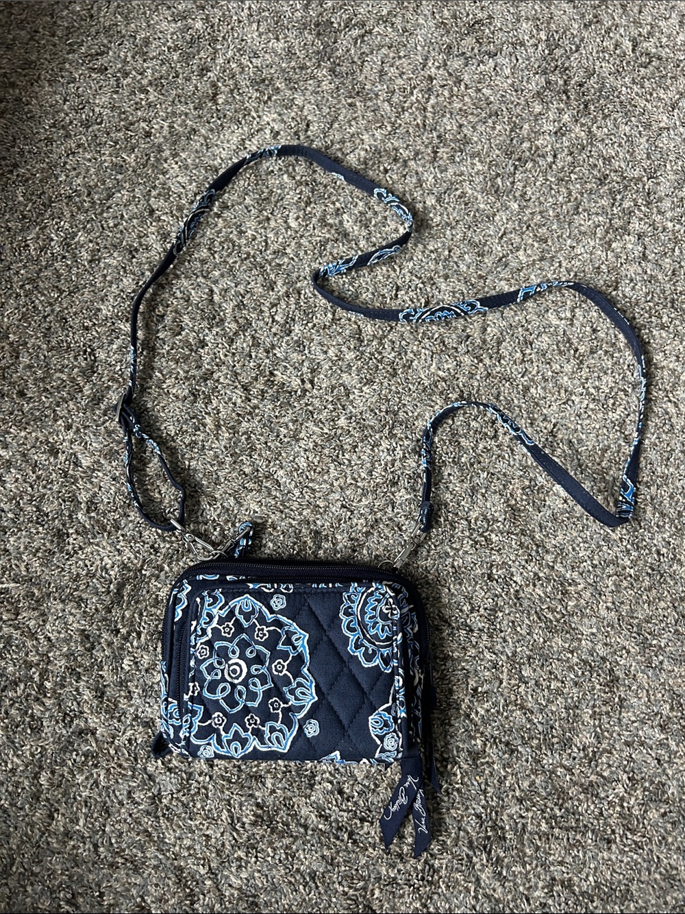 Vera Bradley Navy Blue Crossbody Wallet with Light Blue Floral Medallion Print